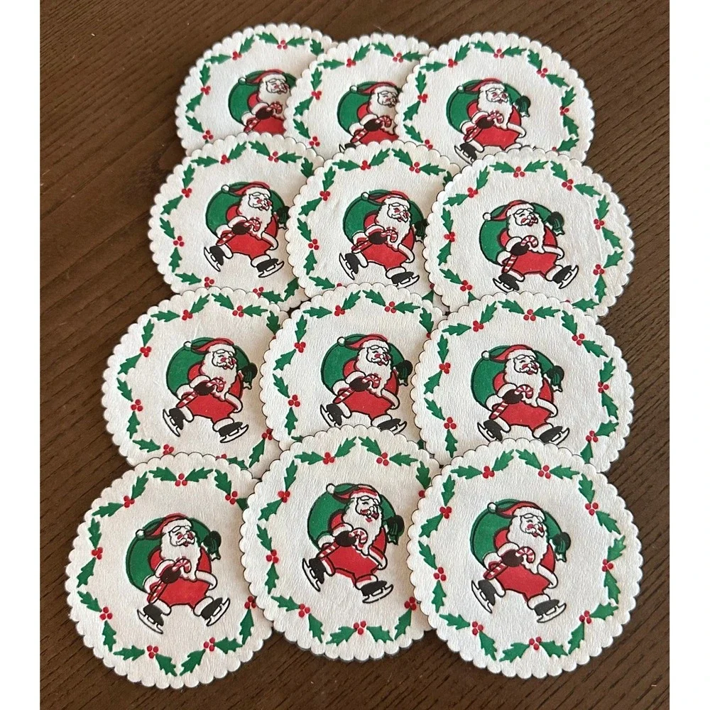 Vintage Skating Santa Christmas Paper‎ Coasters Set of 12 Scalloped Edge Holly